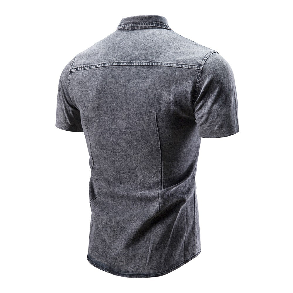 New Men's Fashion Short Sleeve Denim Shirt Soft Solid Color Slim Fit Cowboy Top for Men