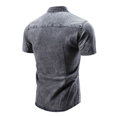 New Men's Fashion Short Sleeve Denim Shirt Soft Solid Color Slim Fit Cowboy Top for Men