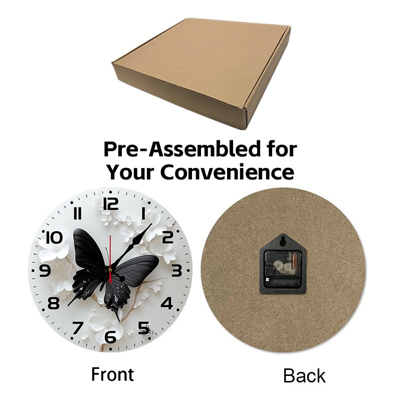 Black Butterfly Flower Wooden Round Silent Hanging Wall Clock,Suitable For Living Room,Office,Study Room,Bedroom,Home Decoration