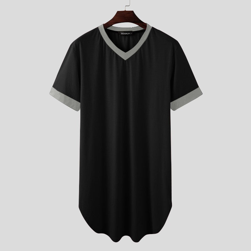 INCERUN 2024 Men Sleep Robes Short Sleeve V Neck Nightgown Patchwork Cozy Homewear Fashion Loose Mens Bathrobes Dressing Gown