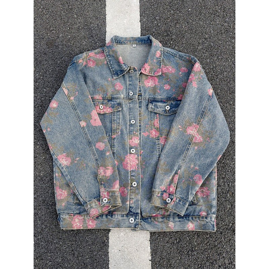 2025 New Rose Print Denim Jackets for Men Women Vintage Jeans Coats Gothic Oversized Male's Casual Clothes
