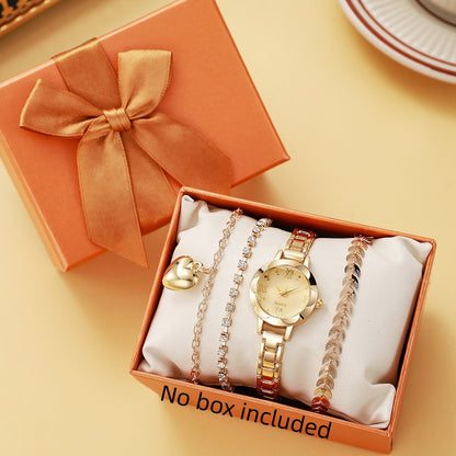 Women's Roman Numeral Gold Quartz Watch 4-Piece Set, Fashionable Quartz Watch Set with Diamond-Studded Bracelet
