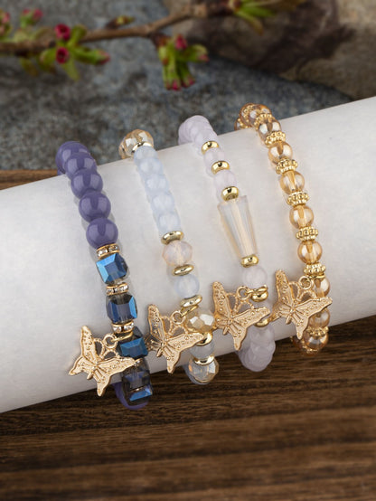 Conjunto de Pulseiras Femininas Boho com 4 Peças, Borboleta, Cristais e Miçangas, Joias da Moda, Presente para Festas