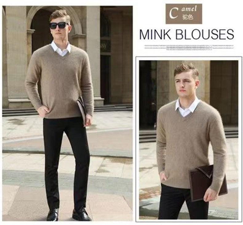 Autumn And Winter New Warm Pure Mink Cashmere Sweater Men's V-neck Pullover Thickened Plus Size Knitted Bottoming Shirt