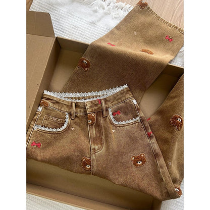 Lace Teddy Bear Embroidered Patchwork Design Wide leg Jeans 2025 Spring New High Waisted fit Slimming Casual Jeans for Commuting