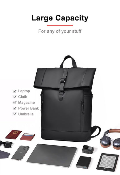 Black Fashion Roll Top Computer Bag Laptop Travel Business Waterproof Large Capacity Backpack Teenager School Bag ?? Mochila
