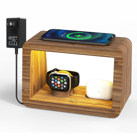 Popular Product 2024 4 In 1 Bamboo Wood Desk Organizer Wireless Charging Dock Station Mobile Phone Holder