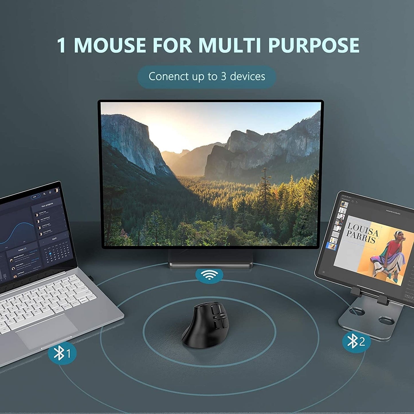 Mouse sem fio vertical Bluetooth para tablet, laptop e notebook, recarregável, USB, sem fio, ergonômico para destros