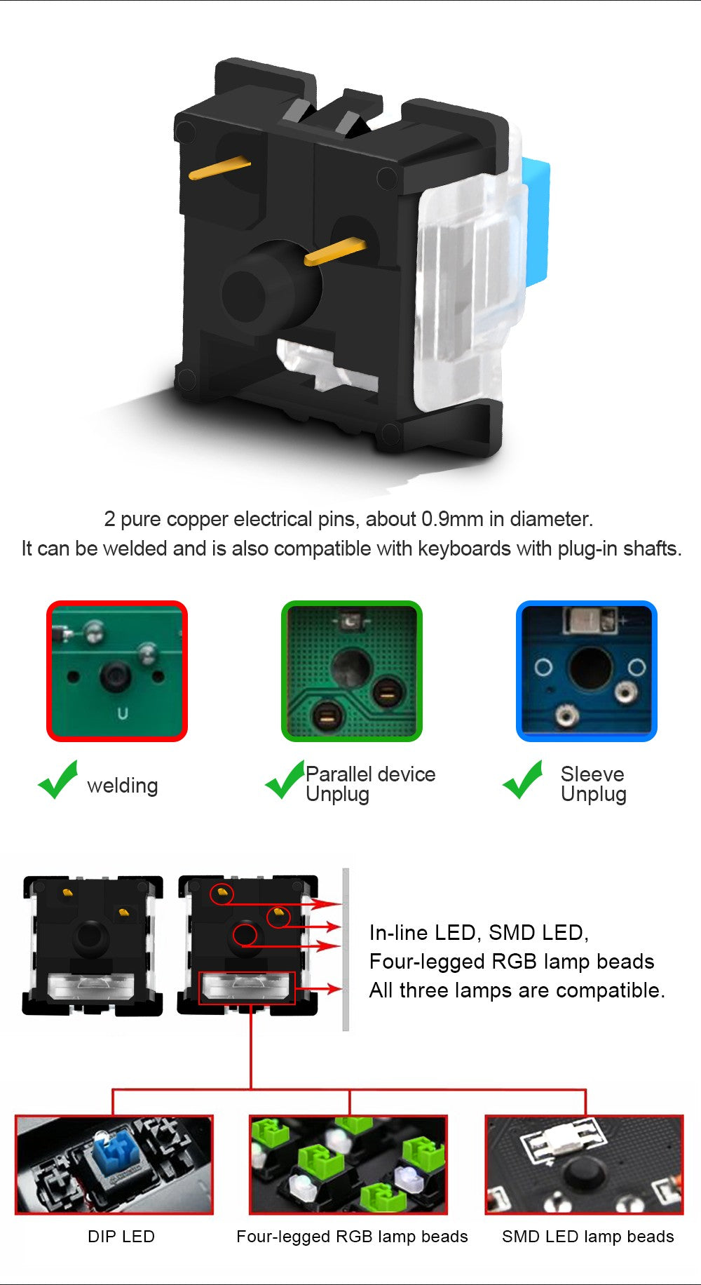 REDRAGON SMD RGB MX Switch 3Pin Clicky Linear Tactile Silent Red Switche For Backlit Mechanical Keyboard