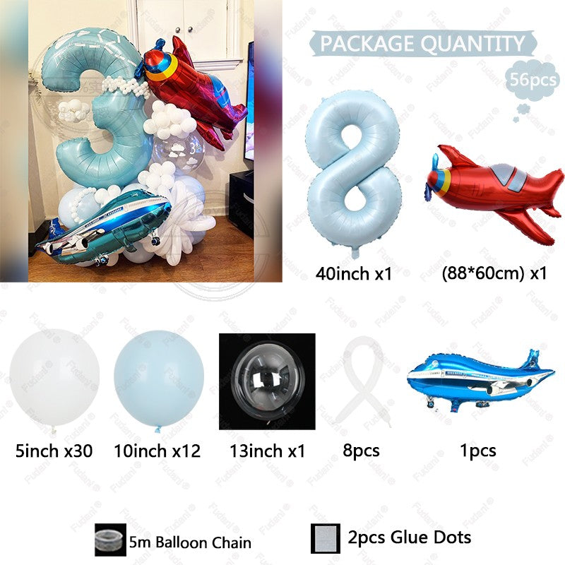 56Pcs Airplane Themed Blue Digital Balloon Set 1-9 Birthday Party Decoration baby Shower Globos Gift Shooting Props