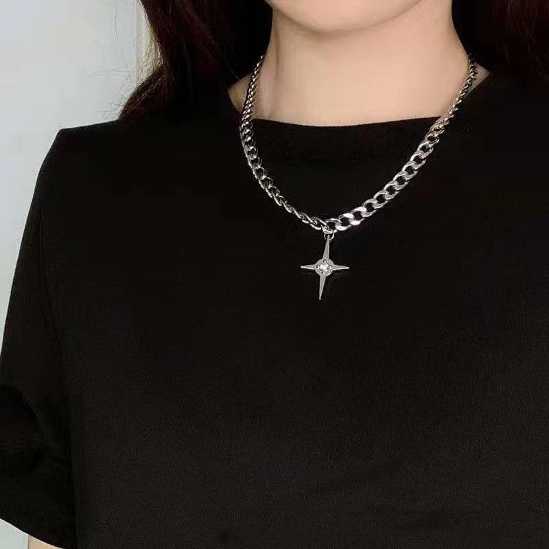 Colar de corrente com pingente de estrela prateado Kpop Gótico para mulheres, homens, Egirl, Y2K, Legal, EMO, Punk, Estética Grunge, Presentes