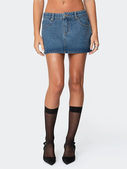 Womens Denim Mini Skirt Y2k Vintage Low Rise Jean Skirt Sexy Going Out A-Line Pencil Bodycon Short Skirt with Pockets