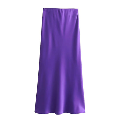 XNWMNZ Women's Fashion 2023 Flowing Satin Midi Skirt Women Vintage Elastic High