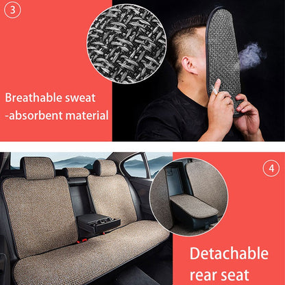 SEAMETAL Flax Car Seat Cover Breathable Sweatproof Linen Car Seat Cushion with Backrest Pad 4-Season Universal for 98% Vehicles