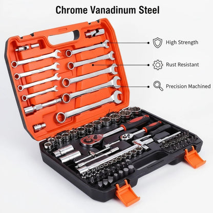 Conjunto de Ferramentas de Soquetes de Aço Cromo Vanádio com Chave Catraca de 82 Peças para Reparação de Veículos - Ideal para Entusiastas de DIY, Mecânicos e Carros