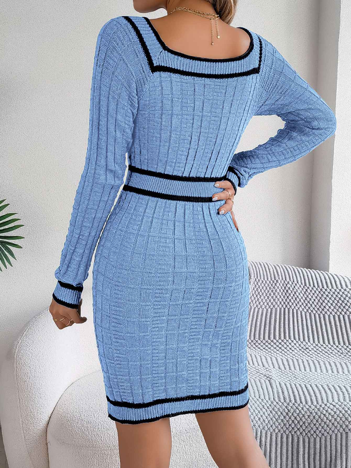 VigoCasey 2025 Women Blue Bodycon Knit Dress Autumn Winter Casual Long Sleeve Dress Lady Casual Square Neck Knitted Dresses
