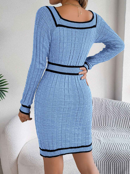 VigoCasey 2025 Women Blue Bodycon Knit Dress Autumn Winter Casual Long Sleeve Dress Lady Casual Square Neck Knitted Dresses