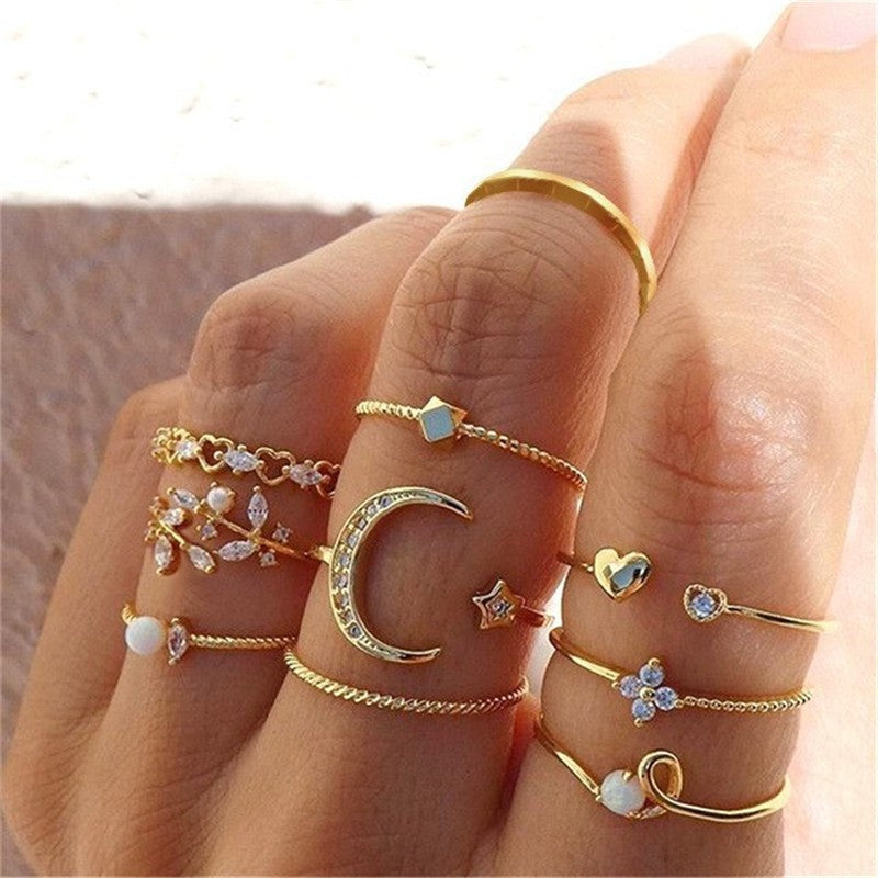 Conjunto de Anéis Boêmios com Zircônia para Mulheres, Anel Dourado com Cristal Boêmio Letra Amor Coração Lua Flecha Flor, Joias de Casamento, Presentes