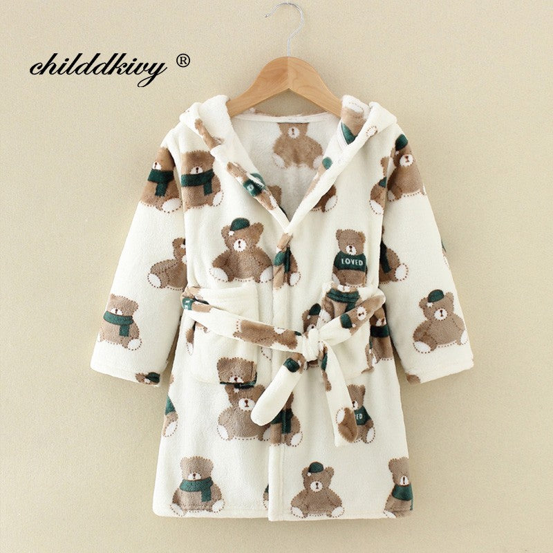 Boy and Girls Flannel Pajamas Robe Autumn and Winter Children Sleepwear Soft Hooded Kids Homewear 2-8 Years