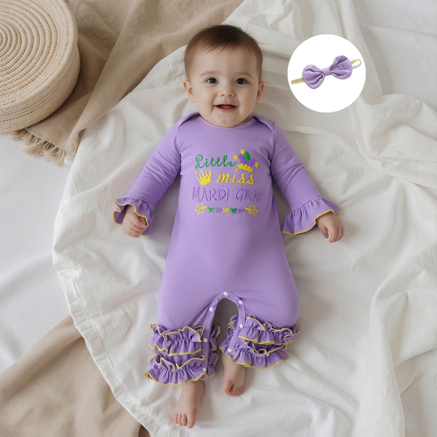 Suefunskry Baby Girl Mardi Gras Themed Romper Letter Crown Embroidery Long Sleeve Round Neck Jumpsuit with Bow Headband