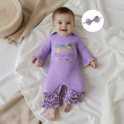 Suefunskry Baby Girl Mardi Gras Themed Romper Letter Crown Embroidery Long Sleeve Round Neck Jumpsuit with Bow Headband