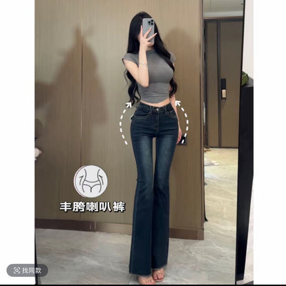 High Waist Flared Jeans Women's Double Buckle Elastic Floor-Length Pants Black Slim Fit Stretchy Trousers Self-Fabric Pad