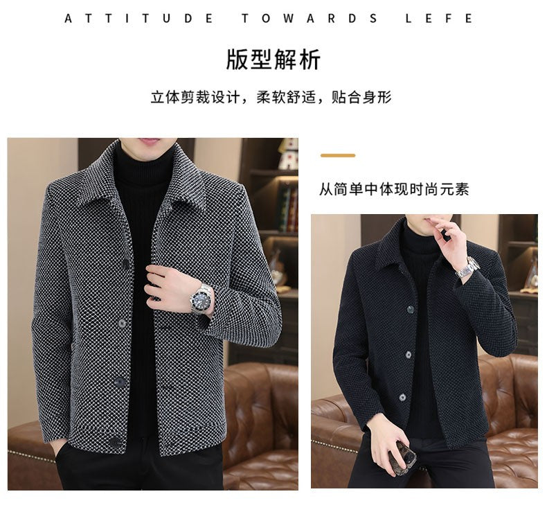 Korean Winter Woolen Jacket Men Plush and Warm Short Trench Coat Plaid Casual Business Streetwear Overcoat Social Men Clothing