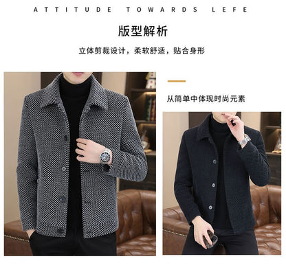 Korean Winter Woolen Jacket Men Plush and Warm Short Trench Coat Plaid Casual Business Streetwear Overcoat Social Men Clothing
