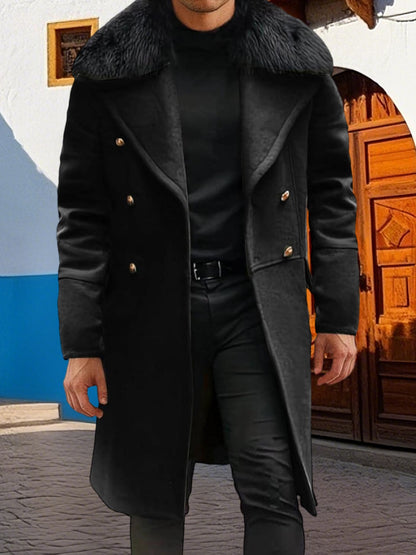Men s Classic Double Breasted Trench Coat with Removable Fur Collar Mid-Length Wool Blend Overcoat for Winter Warmth