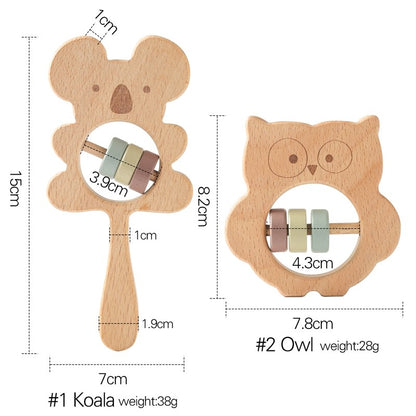 Baby Wooden Koala Hand Rattles Teether Toys Wooden Ring Montessori Toys Owl Shape Musical Rattle  for Baby Gifts Teething Toys