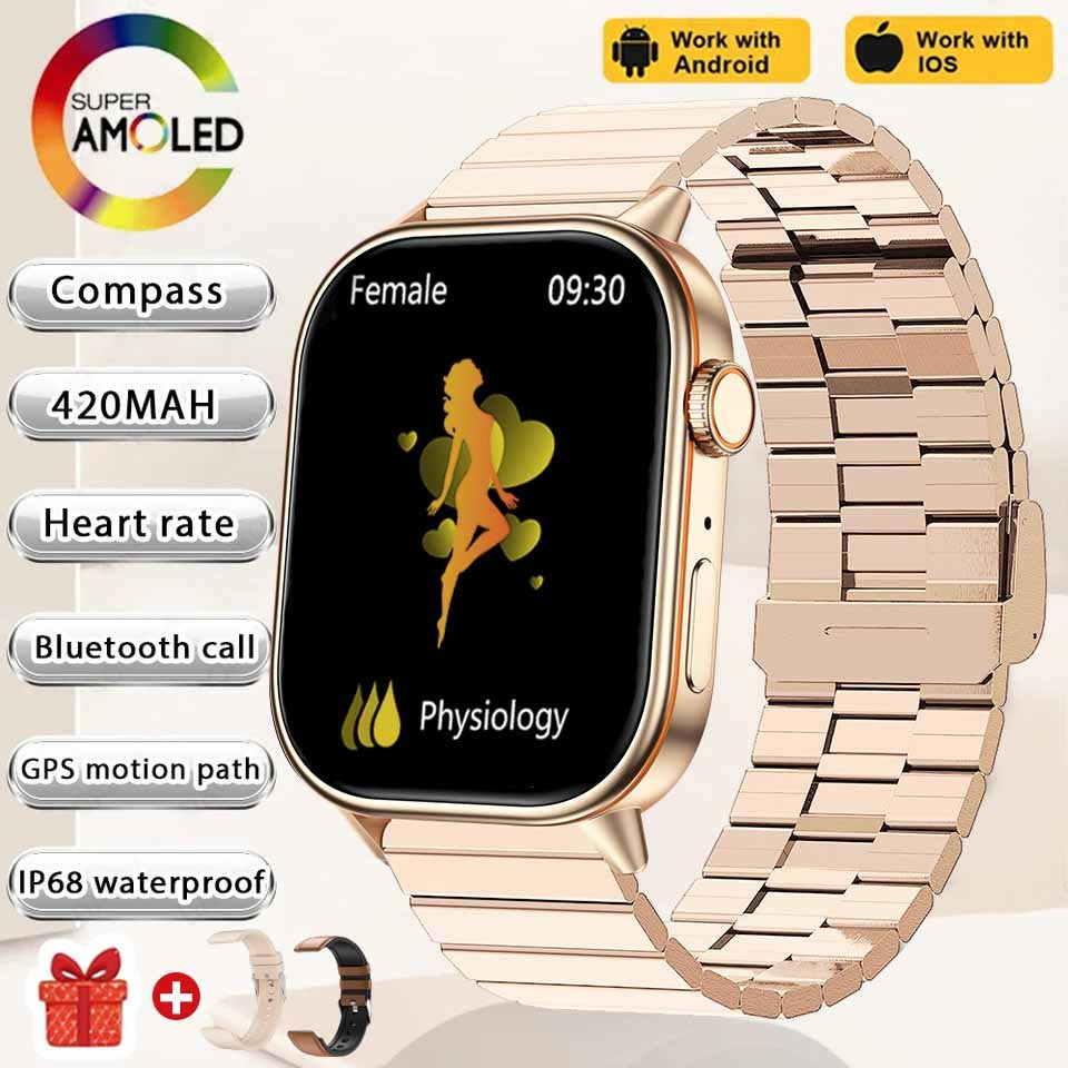 Smartwatch de Música Feminino 2025 Novo com Tela AMOLED HD de 2.01'' Moda, GPS de 6 Estrelas Embutido, Rastreador Impermeável e Chamada, Braceletes