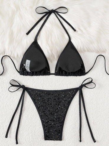 Shiny Sequin Black Bikini Set Women Sexy Push Up Bra Tie Side Triangle Swimsuit 2025 Brazilian Beach Bathing Suit Micro Swimwear