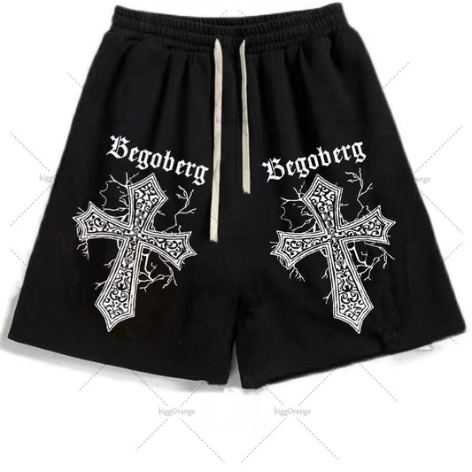 Street Hip-hop Cross Design Pattern Loose Casual Shorts Men American Y2K Harajuku Oversized Fashion Versatile Mid-pants Women