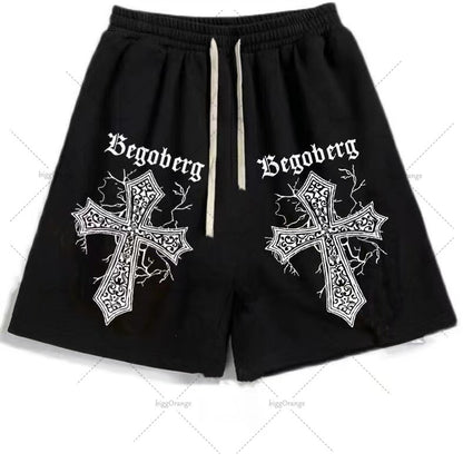 Street Hip-hop Cross Design Pattern Loose Casual Shorts Men American Y2K Harajuku Oversized Fashion Versatile Mid-pants Women