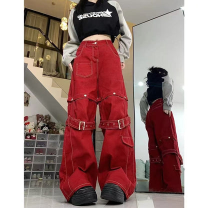 Y2K Red Gothic Hip-Hop Hole Vintage Jeans Girl High Street Trend American Baggy Wash Overall Belt Splicing Woman Wide-leg Pants