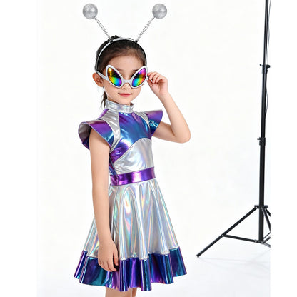 Toddler Baby Girls Alien Costume Dress Kids Shiny Metallic Space Themed Party Dress with Headband Glasses for Halloween Cosplay