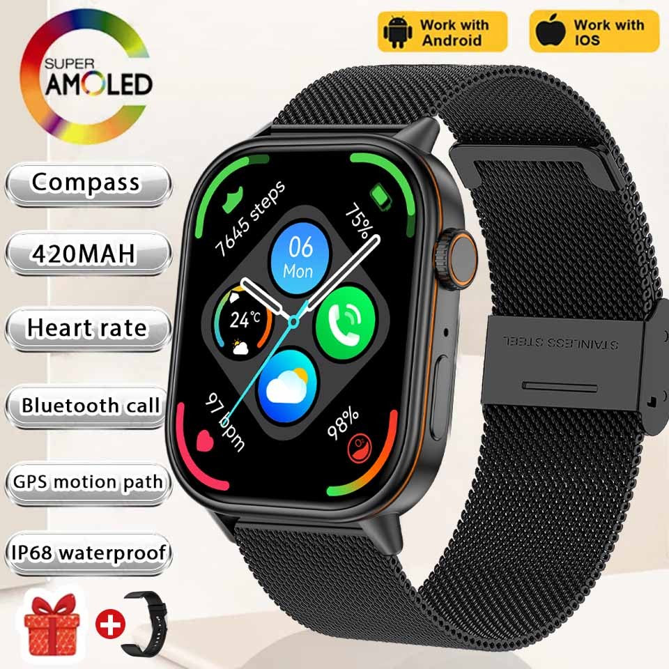 Smartwatch de Música Feminino 2025 Novo com Tela AMOLED HD de 2.01'' Moda, GPS de 6 Estrelas Embutido, Rastreador Impermeável e Chamada, Braceletes