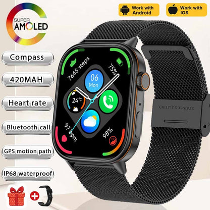 Smartwatch de Música Feminino 2025 Novo com Tela AMOLED HD de 2.01'' Moda, GPS de 6 Estrelas Embutido, Rastreador Impermeável e Chamada, Braceletes