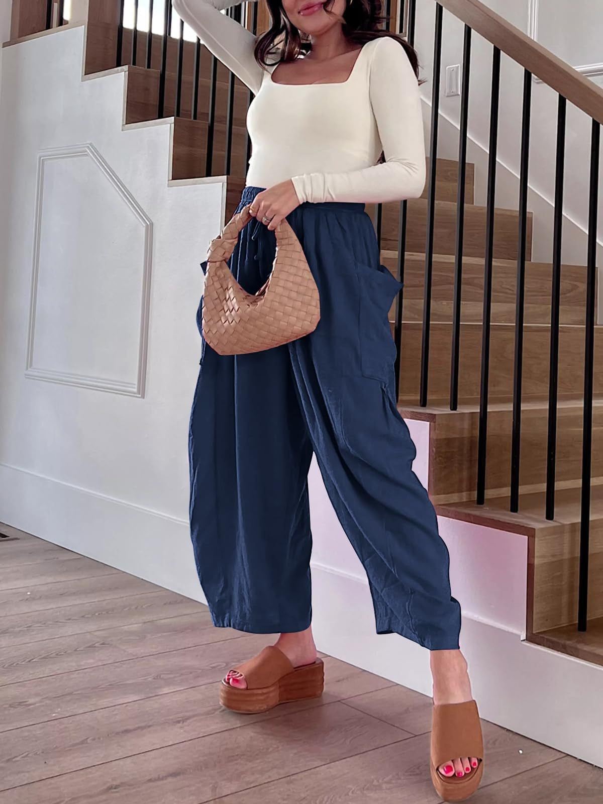 Women's Stretched-waist Pleated High-waisted Wide-leg Trousers Spring Autumn Fashion Cotton Linen Pocket Casual Trousers Woman