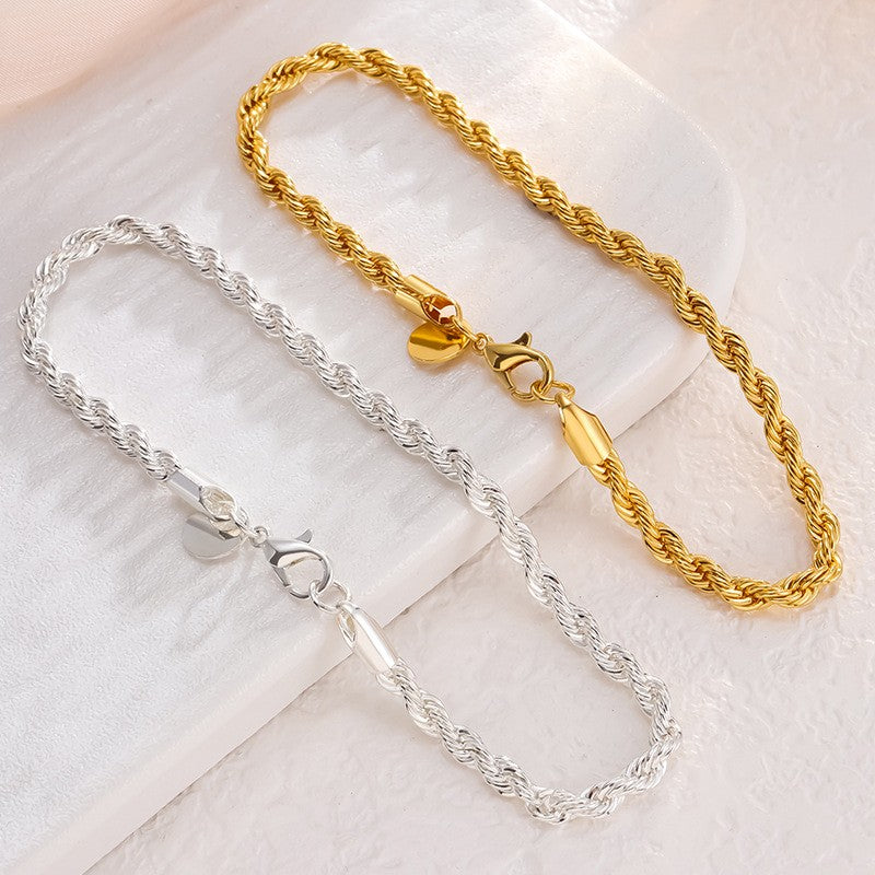 Braceletes de Corrente Torcida de Prata Esterlina 925 4MM para Mulheres e Homens, Joias Masculinas de Prata Minimalistas da Moda, Presentes para Casais