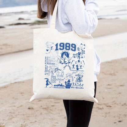 1pc 1989 pattern Canvas Shopping Bag, TS Merch Portable Shoulder Bag, taylor's version Trendy Tote Bag For Daily Life