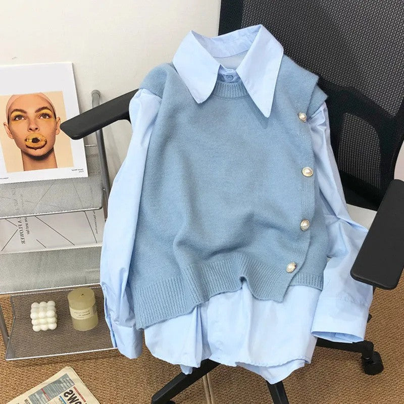 Japanese Women's Knitted Vest Shirt Two-Piece Set 2025 Spring Autumn Casual Side Buckle Vest Matching Long Sleeve Blouse