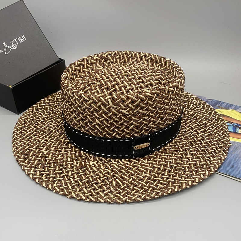 Chapéu de Palha Feminino de Verão Chapéu de Sol Luxuoso Feminino Chapéu de Praia de Proteção Solar da Moda Chapéu Panamá Francês Chapéu Raff de Aba Larga com Topo Abaulado