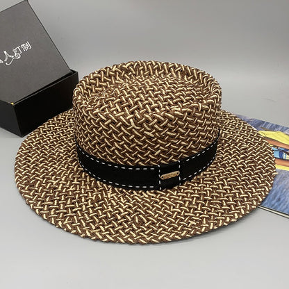 Chapéu de Palha Feminino de Verão Chapéu de Sol Luxuoso Feminino Chapéu de Praia de Proteção Solar da Moda Chapéu Panamá Francês Chapéu Raff de Aba Larga com Topo Abaulado