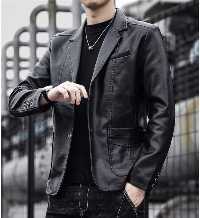 2024 New Men Business Casual Leather Jacket Black / khaki Fashion Male Suit Collar Coats Large Size 5XL Slim Fit Top