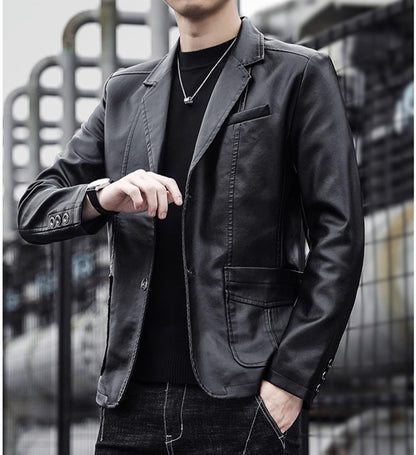 2024 New Men Business Casual Leather Jacket Black / khaki Fashion Male Suit Collar Coats Large Size 5XL Slim Fit Top