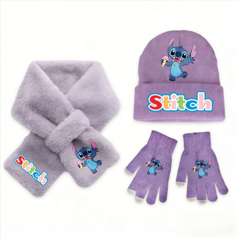 Conjunto de 3 peças de chapéu, cachecol e luvas de malha de inverno Stitch Disney Kawaii quente para meninas Acessórios casuais de moda infantil presente de Natal perfeito