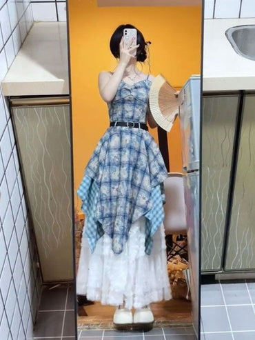Watercolor Gingham Slip Dress Women 2025 Summer Sweetheart Aesthetic Asymmetric Tie Waist A Line Dreamcore Romance