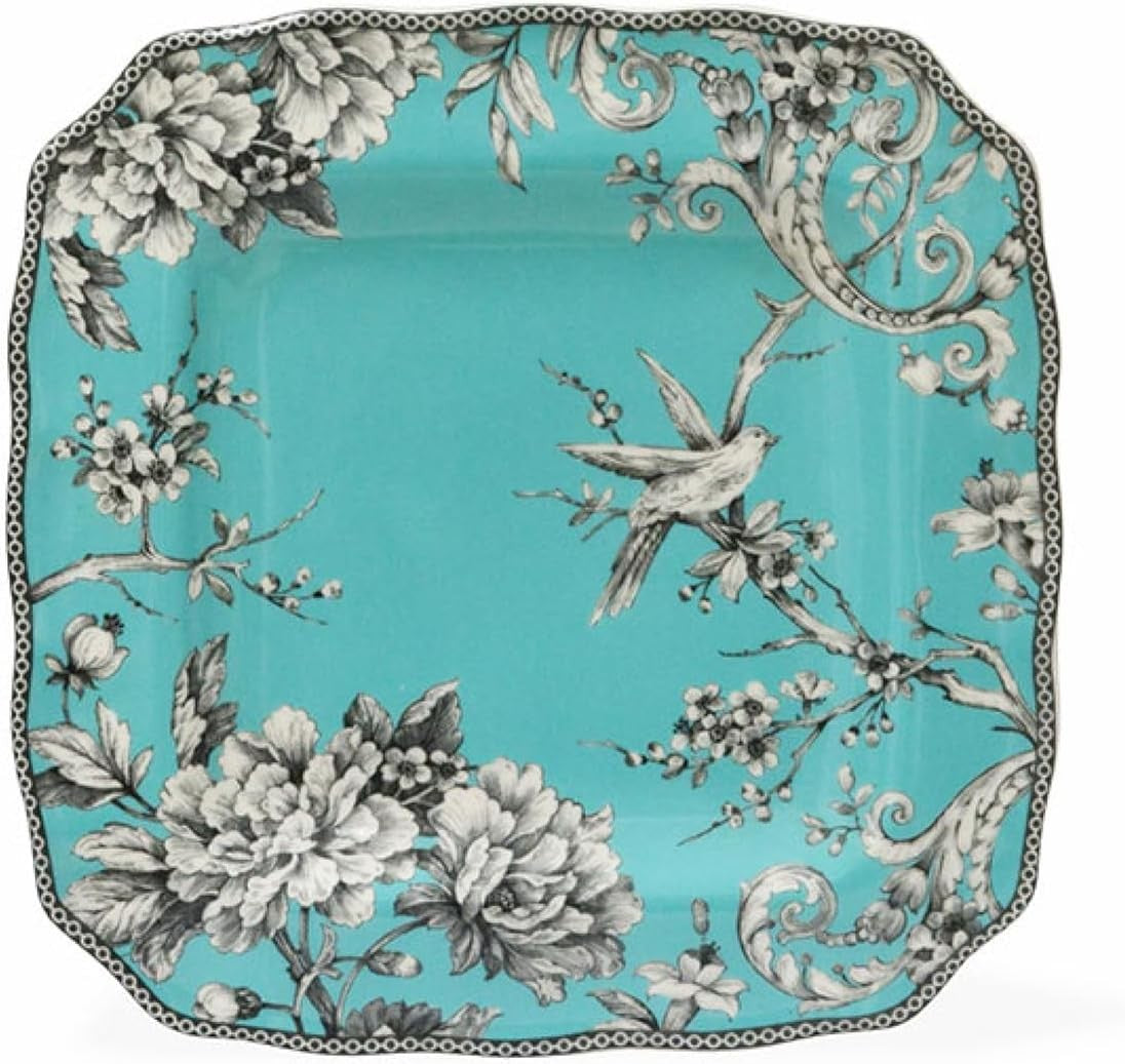 Adelaide 16-Piece Square Floral Dinnerware Set - Service for 4, Turquoise Porcelain Plate, Bowl & Mug Set, Chip Resistant, for E