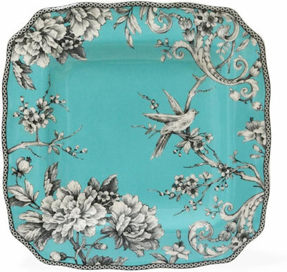 Adelaide 16-Piece Square Floral Dinnerware Set - Service for 4, Turquoise Porcelain Plate, Bowl & Mug Set, Chip Resistant, for E